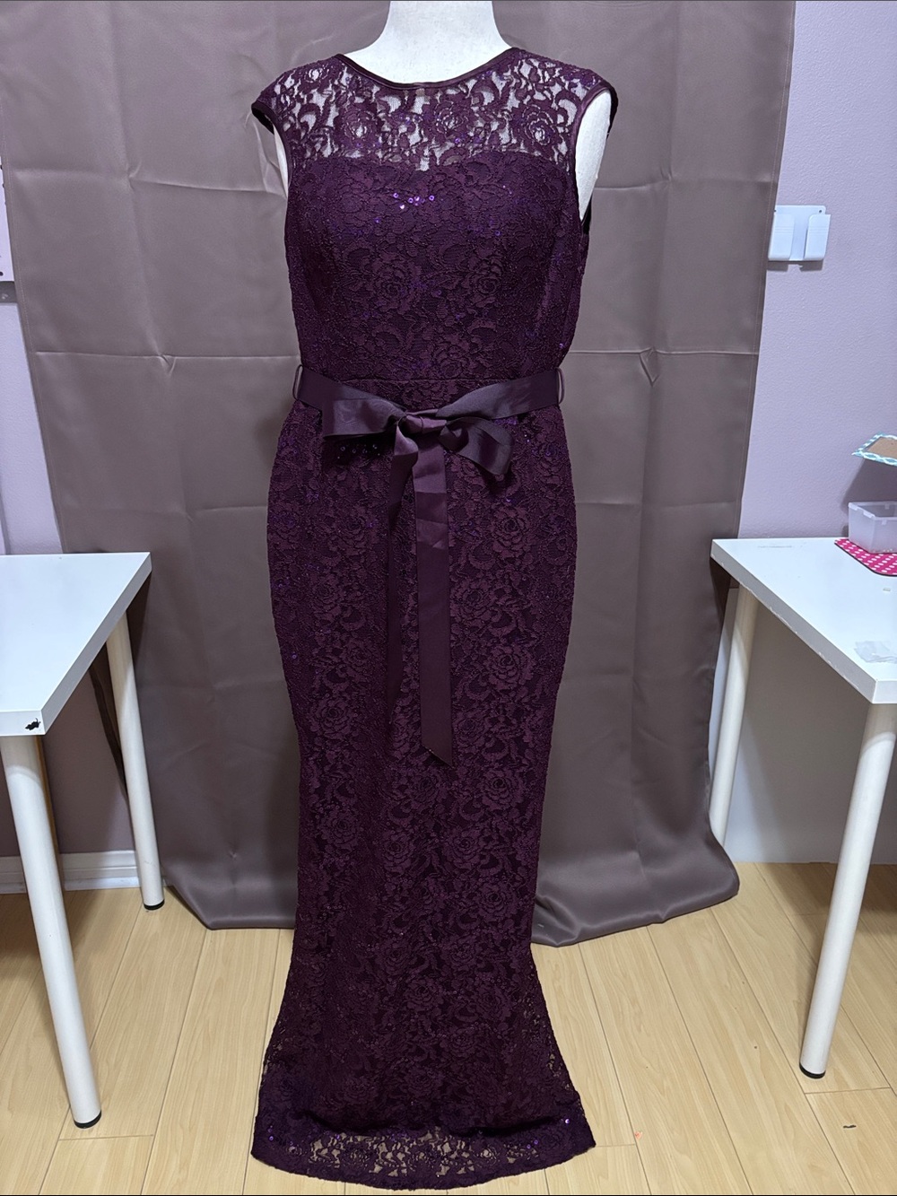 Elegant Lace ans Sequin Evening Gown in Deep Plum